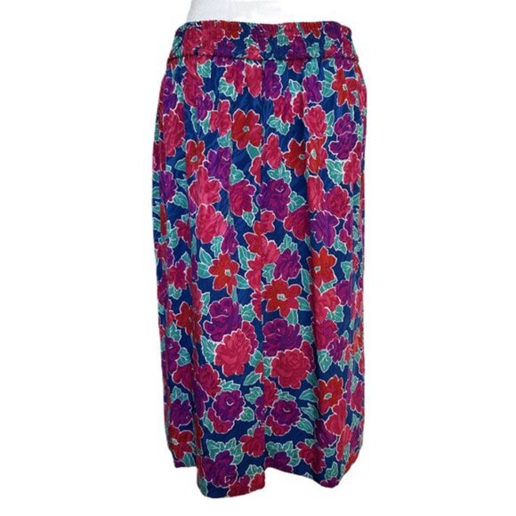 Vintage Floral Midi Skirt Size L Bright 80s Elastic Waist Pleated Front - Picture 4 of 6